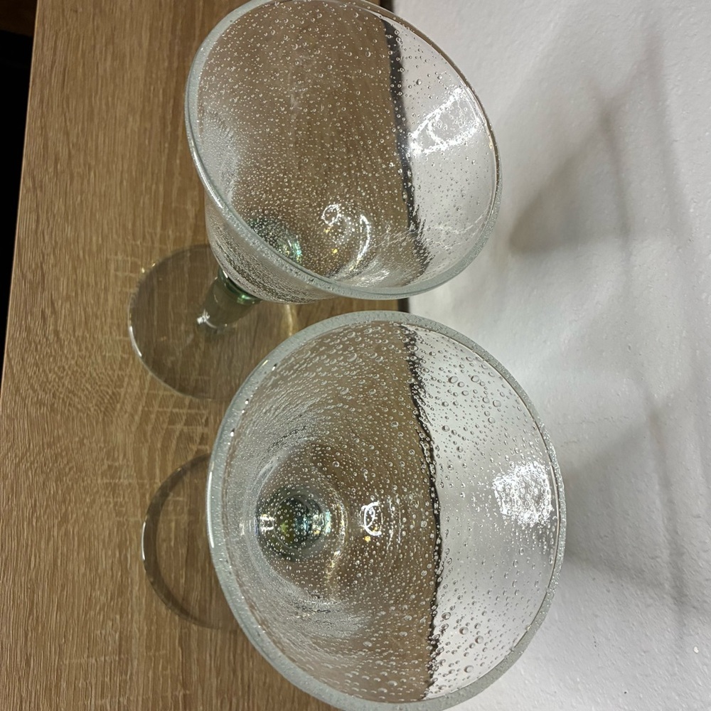 Pottery Barn Hand Blown Bubble Glass Goblets Set of 2 Seeded Vintage Green Stem - Picture 2 of 3